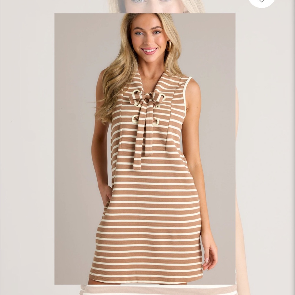 Striped Sleeveless Tan and White Dress with Pockets